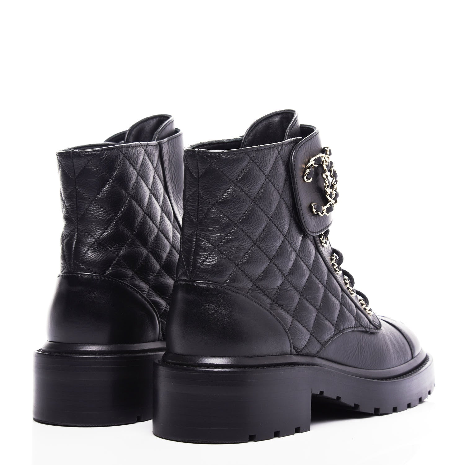 Chanel Shiny Goatskin Calfskin Quilted Lace Up Combat Boots 36.5 Black 4 of 10