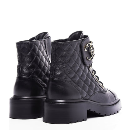 Chanel Shiny Goatskin Calfskin Quilted Lace Up Combat Boots 36.5 Black 4 of 10