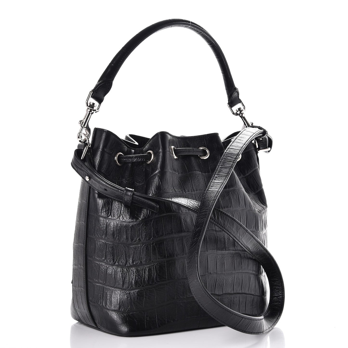Calfskin Crocodile Embossed Medium Emmanuelle Bucket Bag Black