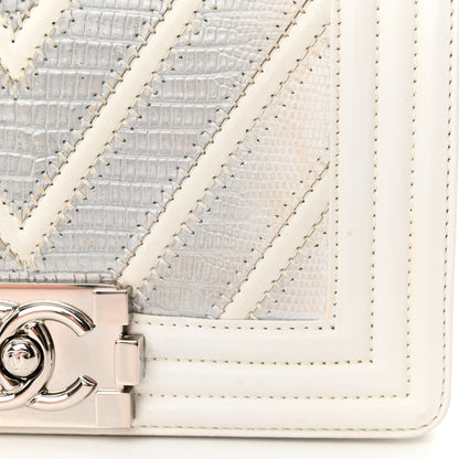 Chanel Lizard Chevron Stitched Small Boy Flap White Silver 12 of 18