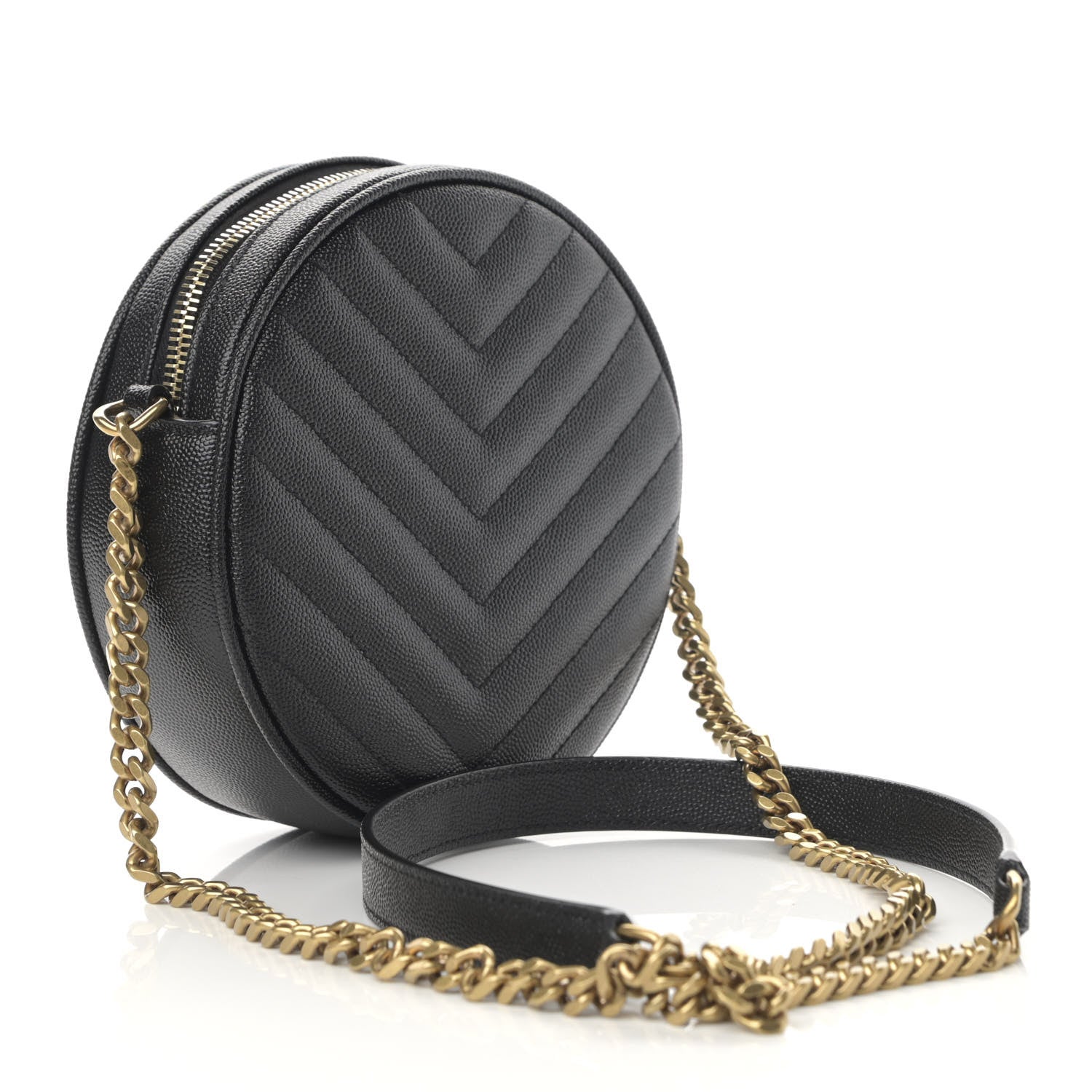 Saint Laurent Grain De Poudre Matelasse Chevron Quilted Round Vinyle Camera Bag Black 2 of 11