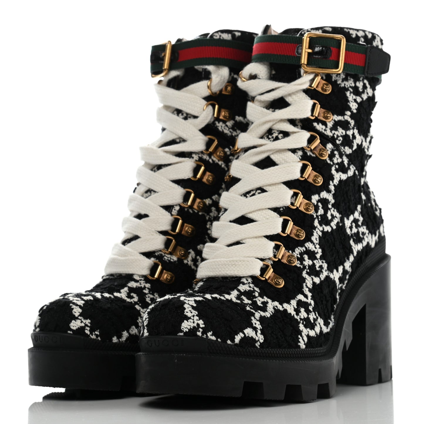 Tweed GG Monogram Lace Up Combat Ankle Boots 39.5 Black
