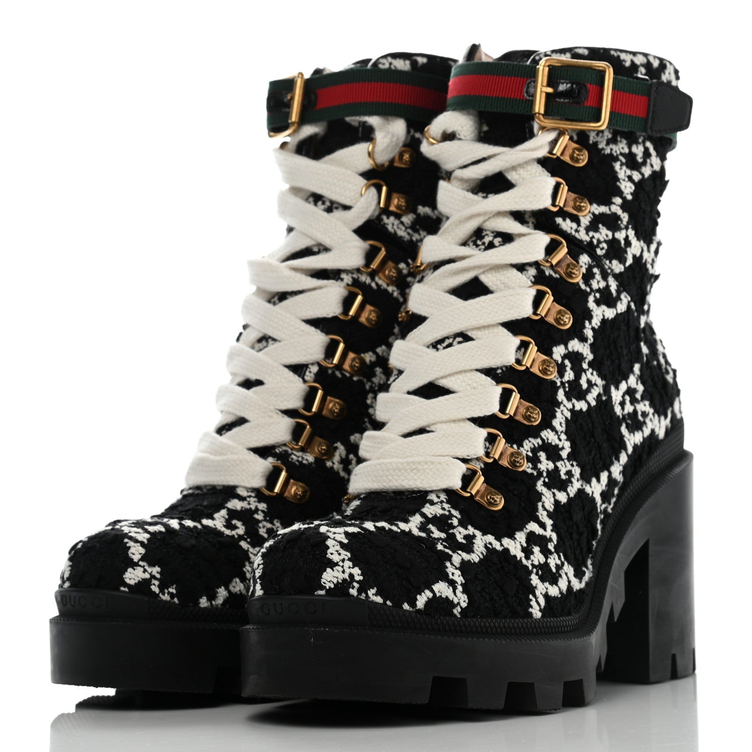 Gucci Tweed GG Monogram Lace Up Combat Ankle Boots 39.5 Black 3 of 10