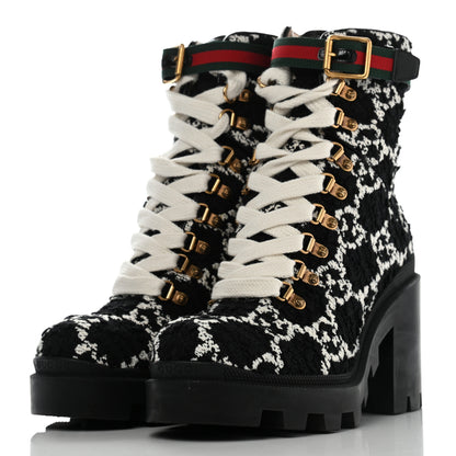 Gucci Tweed GG Monogram Lace Up Combat Ankle Boots 39.5 Black 3 of 10