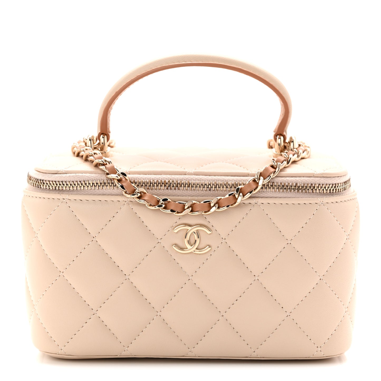 Lambskin Quilted Small Top Handle Vanity Case With Chain Ecru Dark Beige