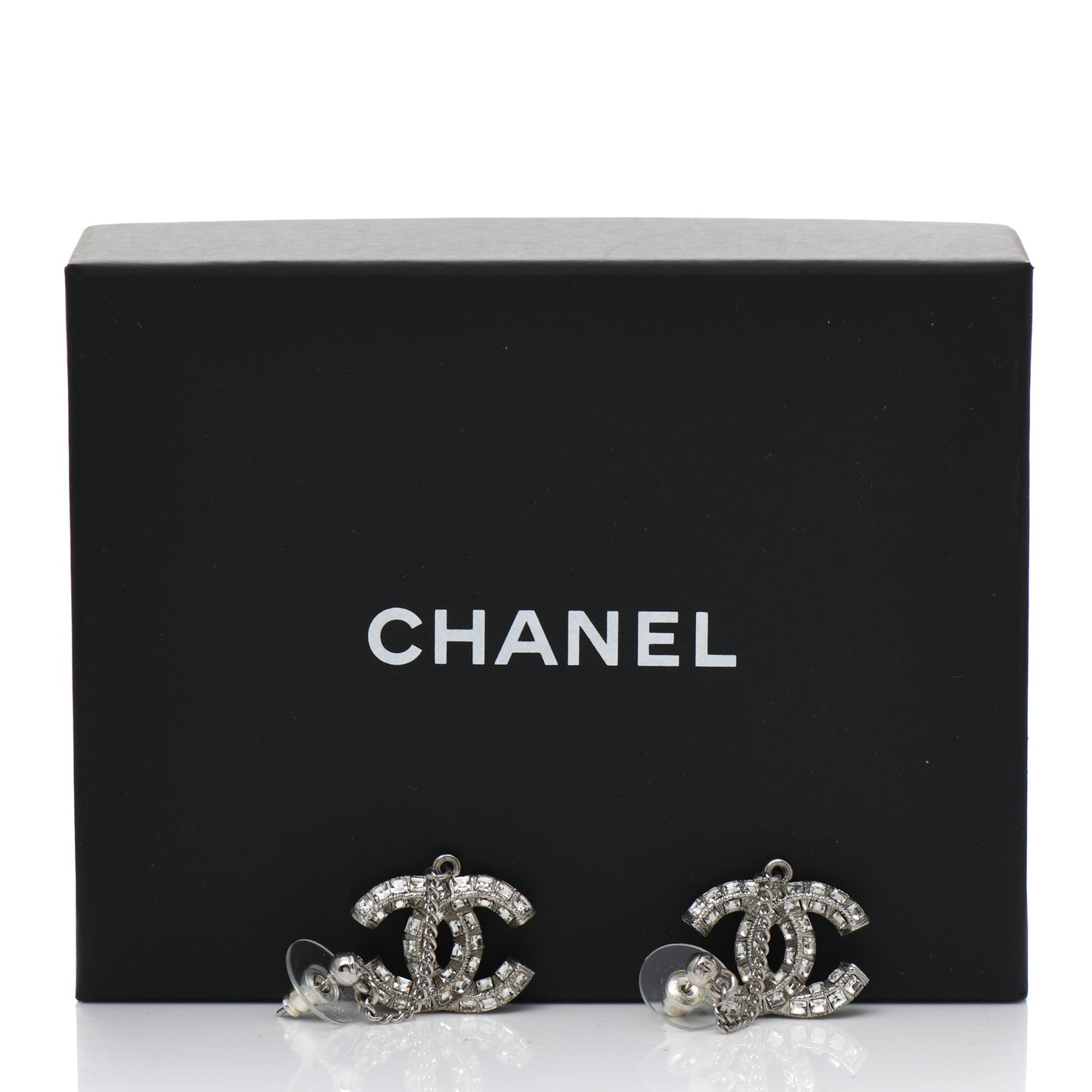 Baguette Crystal CC Drop Earrings Silver