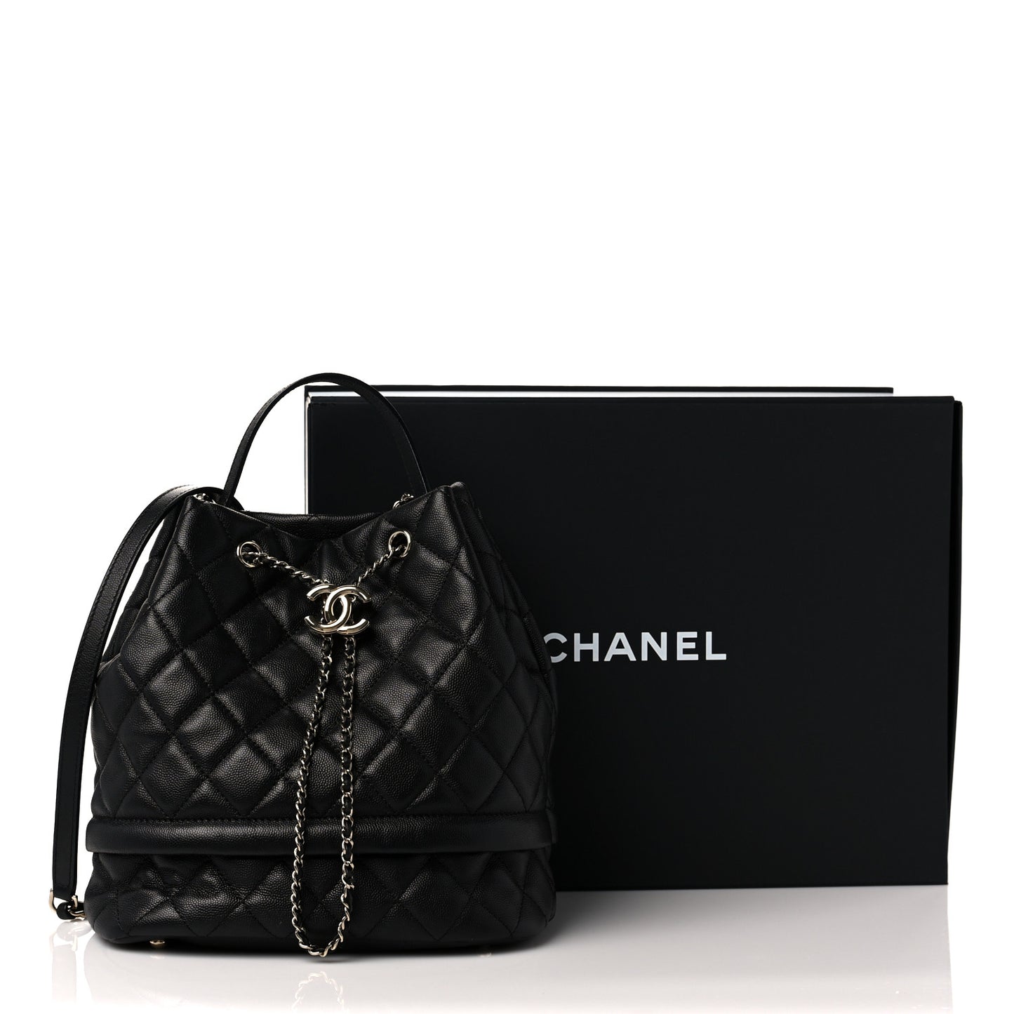 Caviar Quilted Large Rolled Up Bucket Drawstring Bag Black