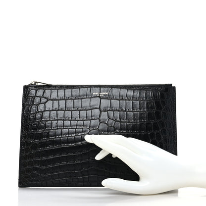 Saint Laurent Calfskin Crocodile Embossed Zip Mini Tablet Sleeve Black 2 of 7