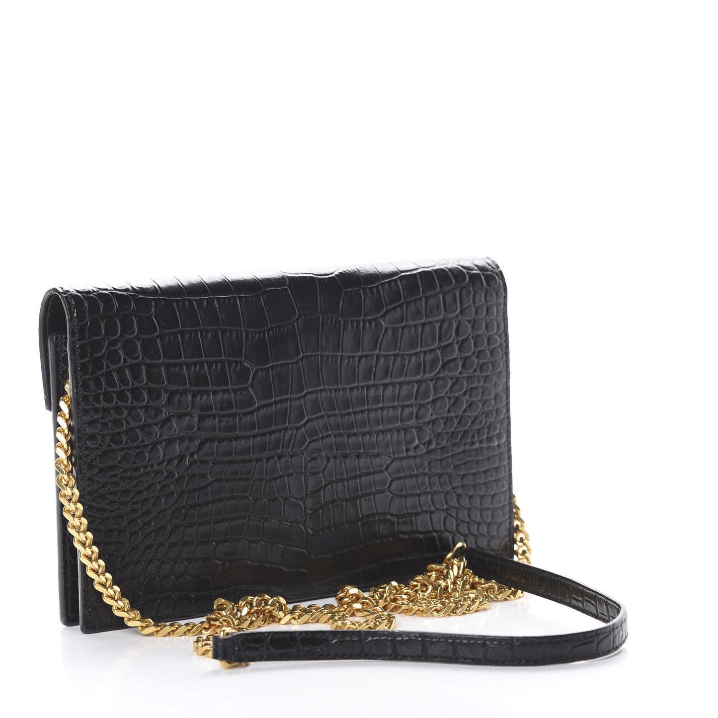 Calfskin Crocodile Embossed Monogram Envelope Chain Wallet Black