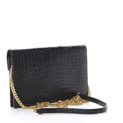 Saint Laurent Calfskin Crocodile Embossed Monogram Envelope Chain Wallet Black 2 of 13