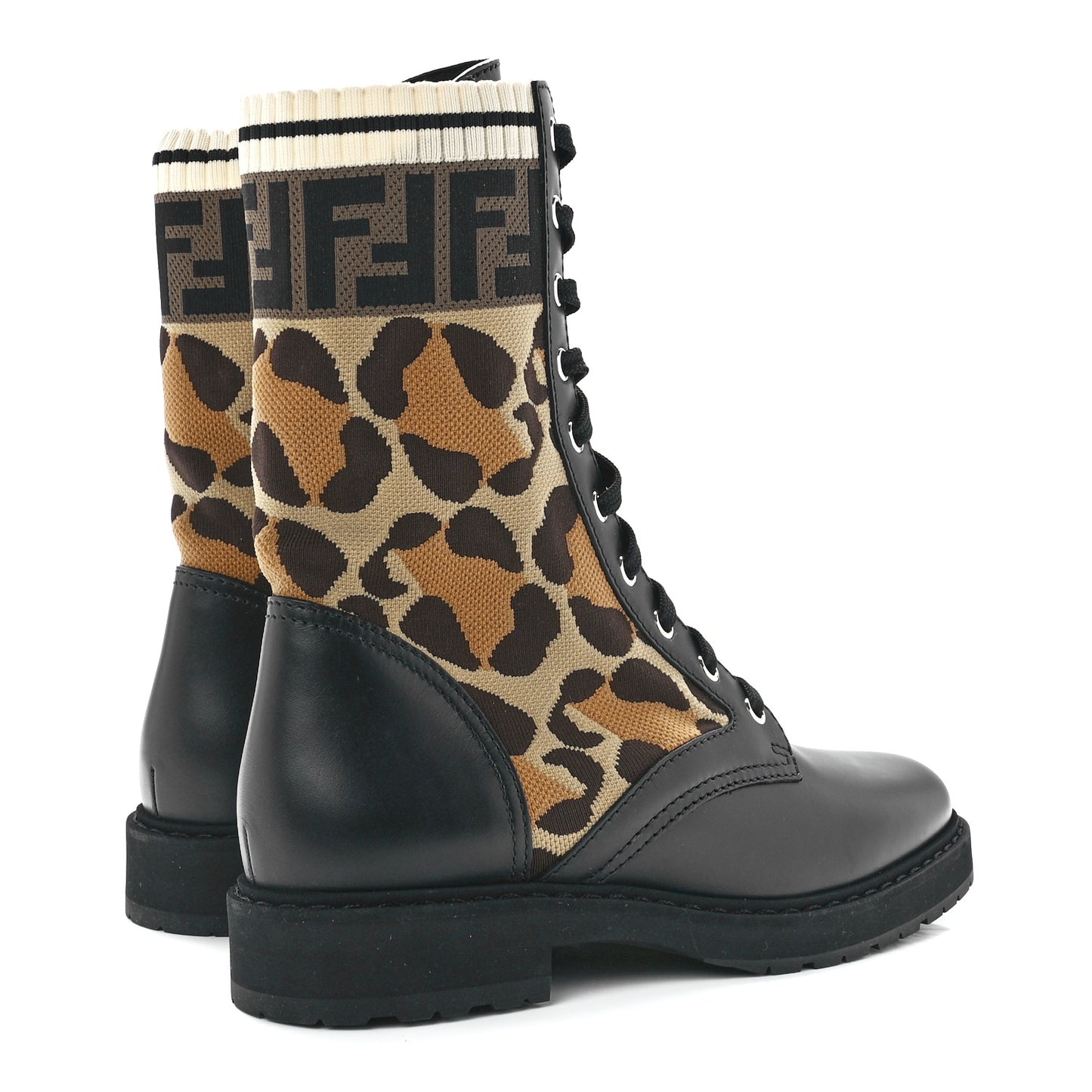 Calfskin Stretch Fabric FF Leopard Rockoko Biker Boots 39 Black