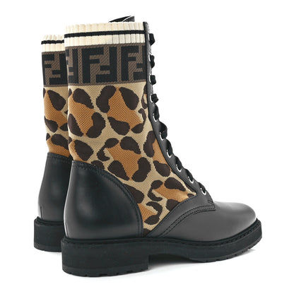 Fendi Calfskin Stretch Fabric FF Leopard Rockoko Biker Boots 39 Black 4 of 7