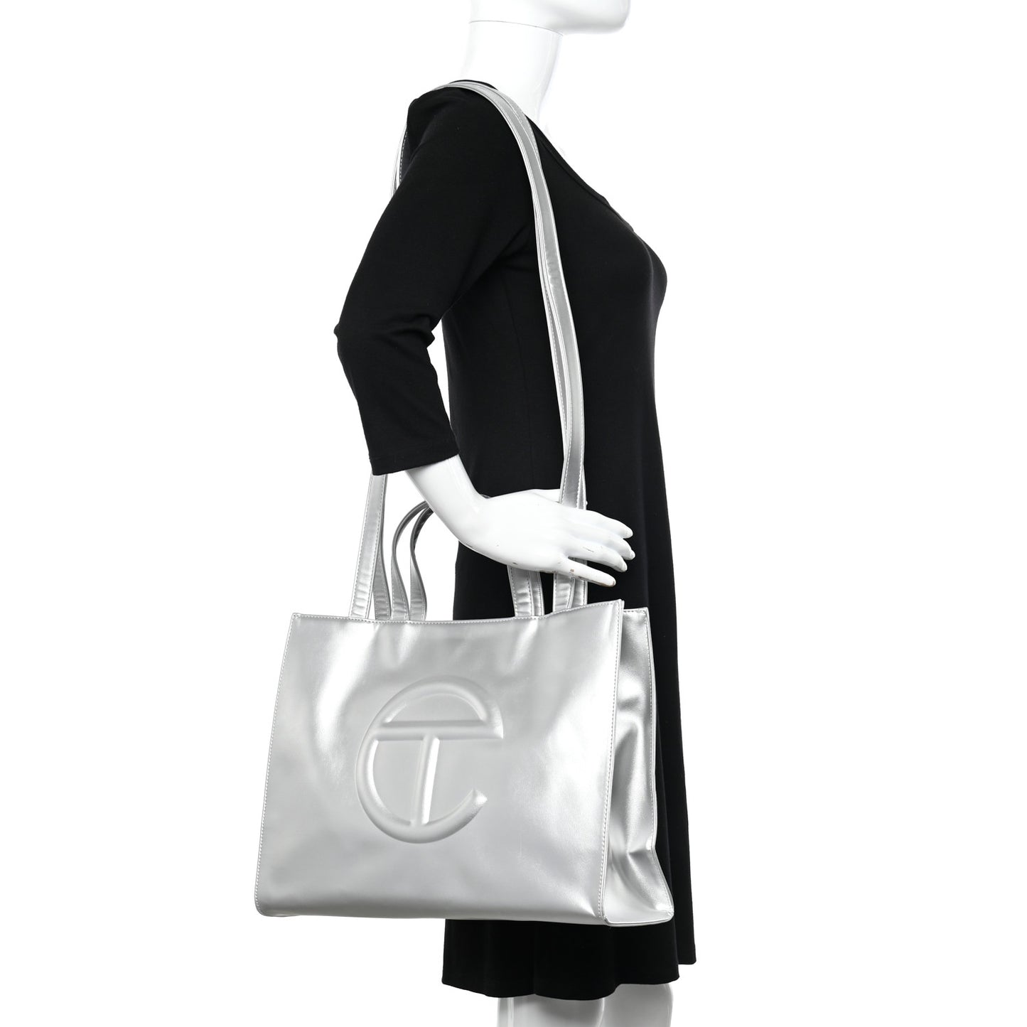 Metallic Vegan Leather Medium Shopping Bag Silver