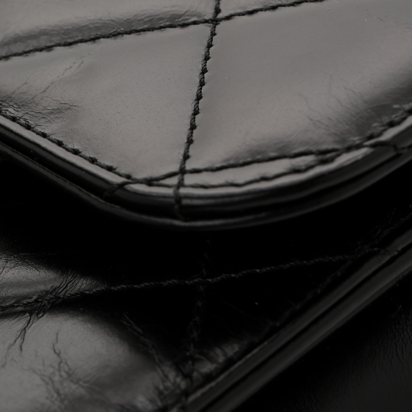 Glazed Calfskin Quilted Large Perfect Edge Flap Black