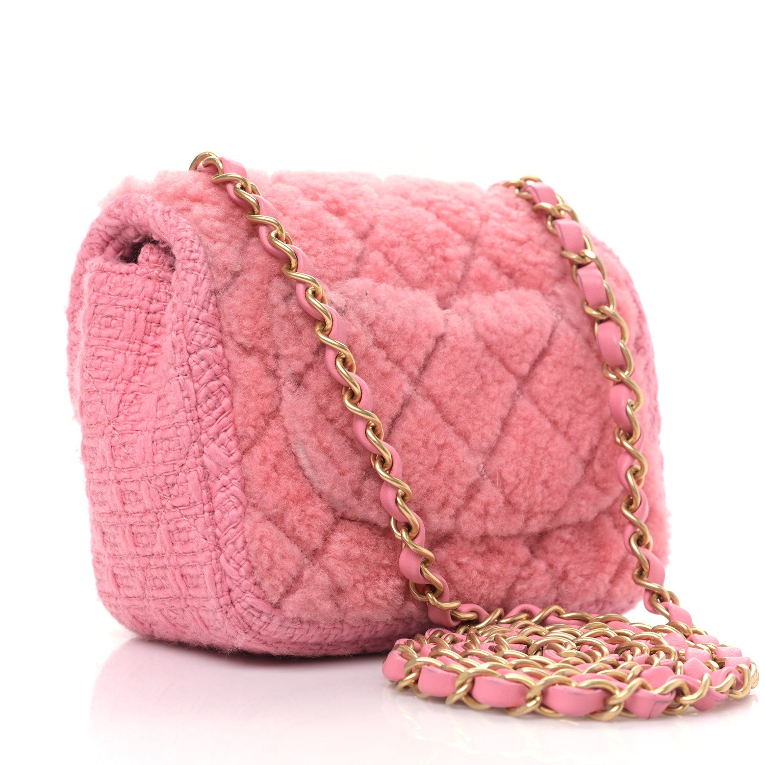 Chanel Shearling Tweed Quilted Mini Square Flap Bag Light Pink 3 of 9