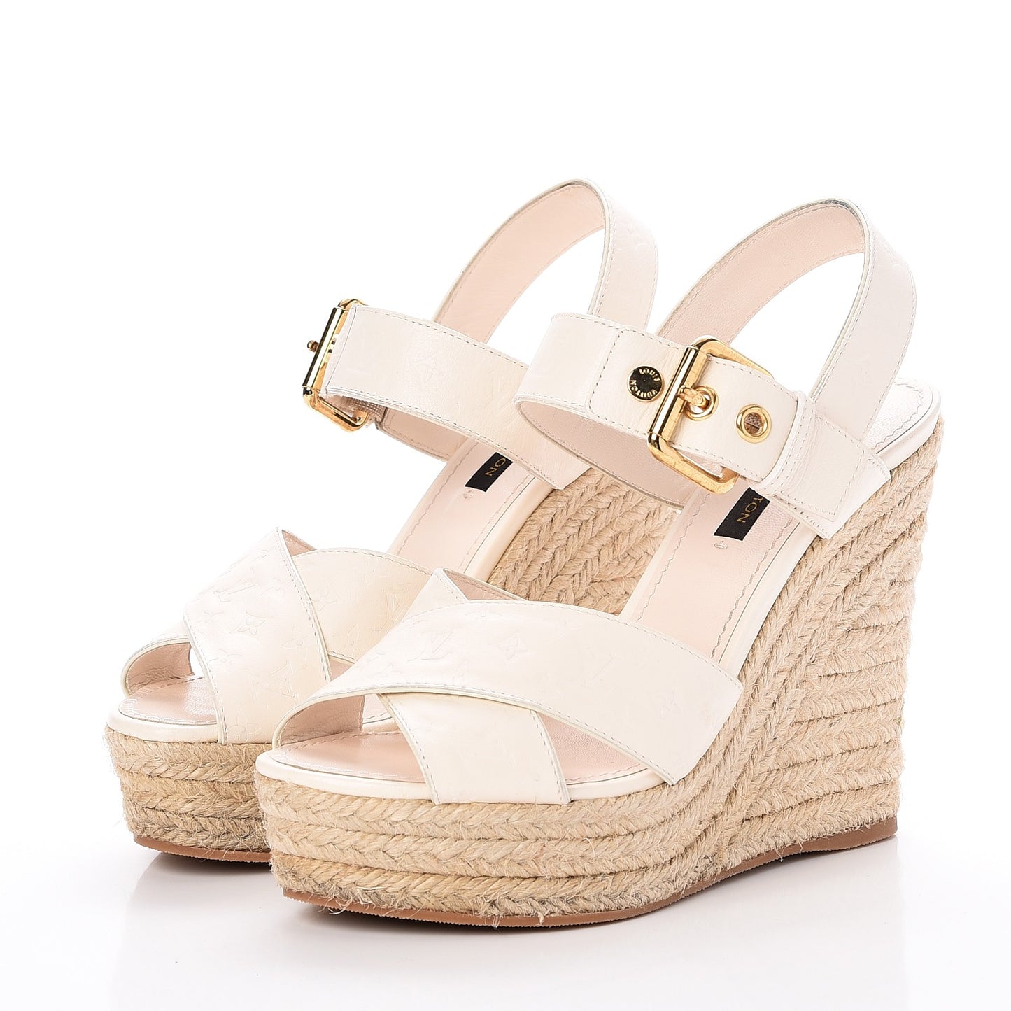 Calfskin Monogram Espadrille Wedge Sandals 35 White