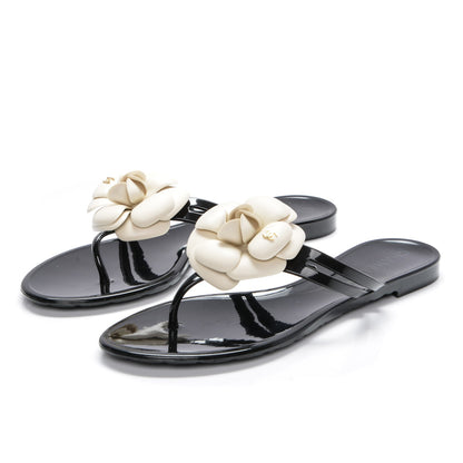 Chanel Jelly Camellia Thong Sandals 38 Black Ivory 3 of 7