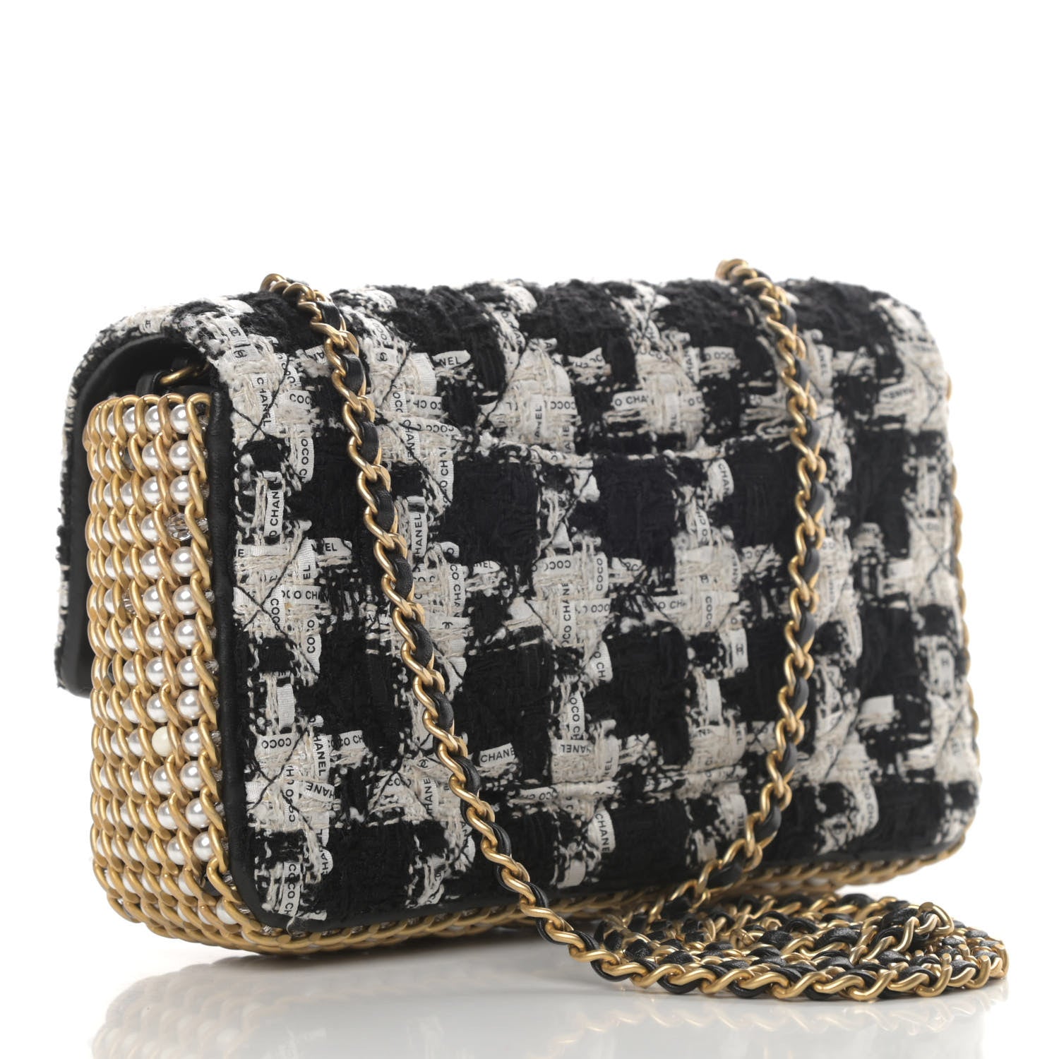 Chanel Tweed Quilted Mini Side Pearl Flap Bag Black Ecru White 2 of 6