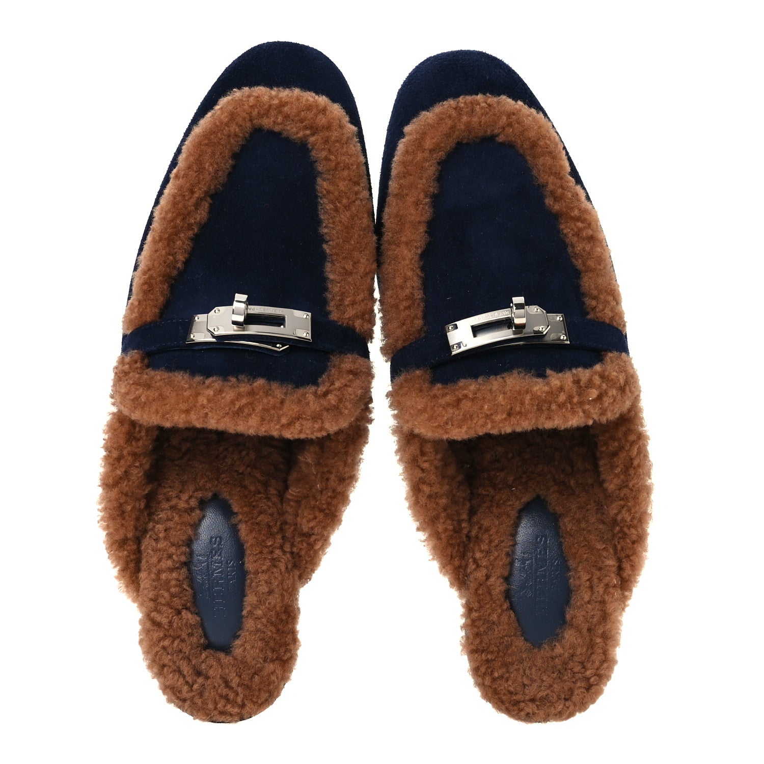 Hermes Suede Goatskin Woolskin Womens Oz Mules 36 Marine Gold 2 of 9