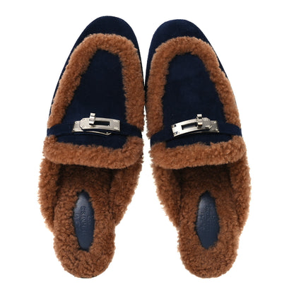 Hermes Suede Goatskin Woolskin Womens Oz Mules 36 Marine Gold 2 of 9