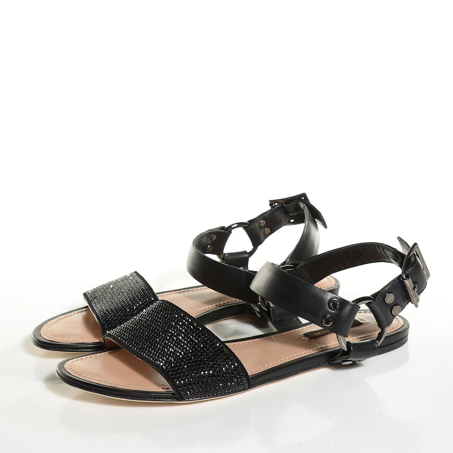 Calfskin Strass Backstage Flat Sandals 38.5 Black