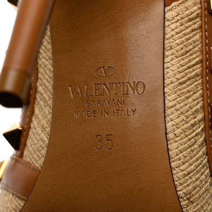 Valentino Garavani Raffia Calfskin Rockstud Ankle Strap 100mm Pumps 35 Natural Saddle Brown 8 of 9