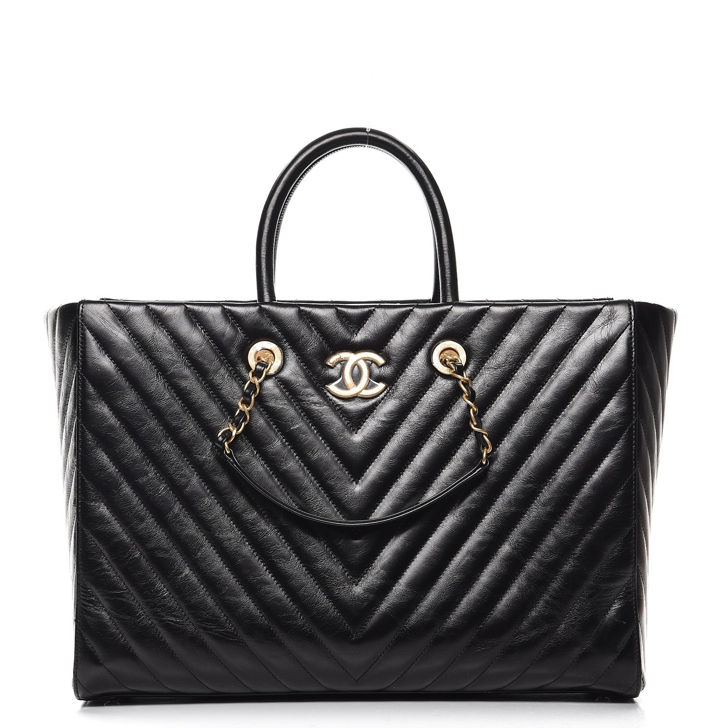 Glazed Calfskin Chevron Quilted Shopper Tote Black
