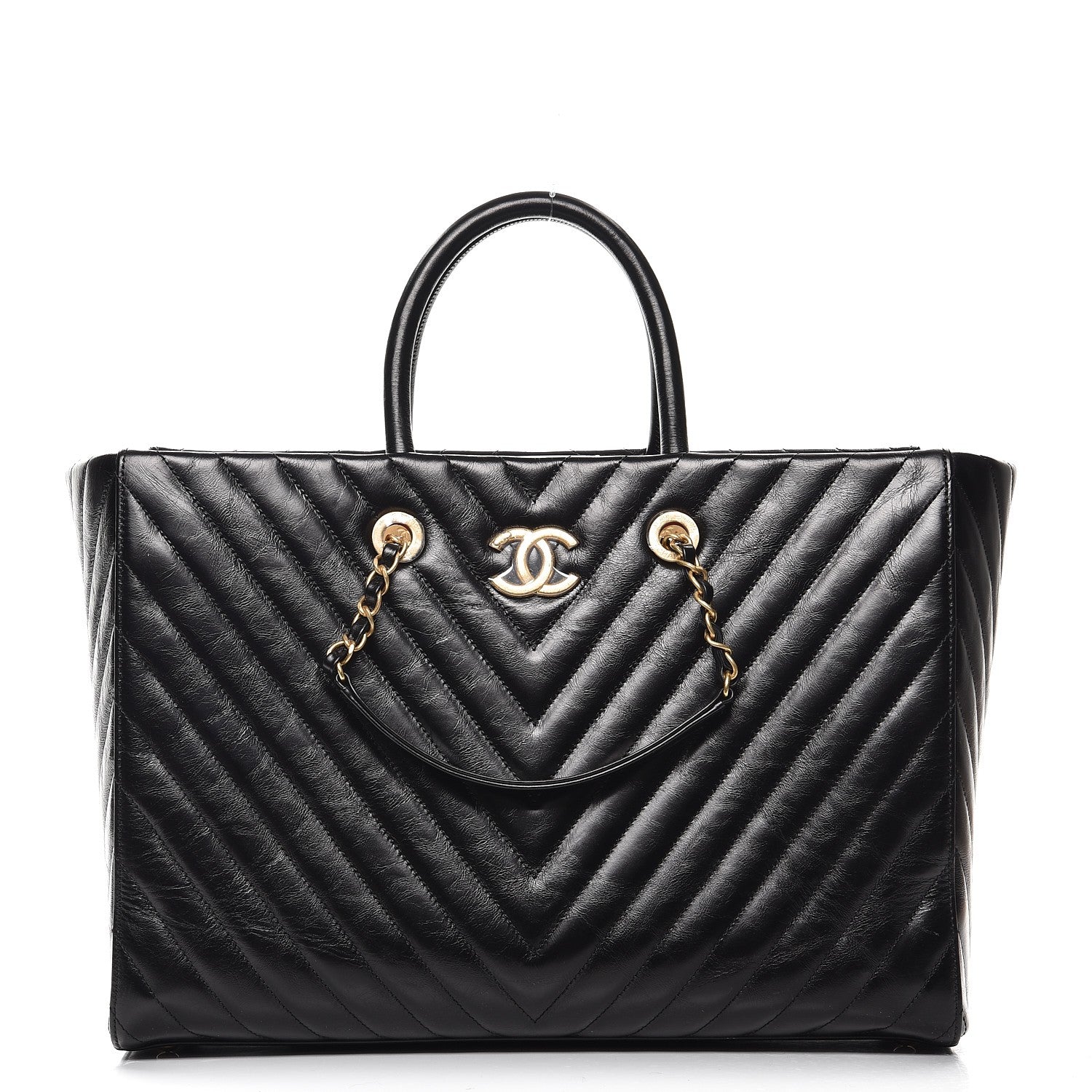 Chanel Glazed Calfskin Chevron Quilted Shopper Tote Black 1 of 15