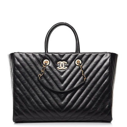 Chanel Glazed Calfskin Chevron Quilted Shopper Tote Black 1 of 15