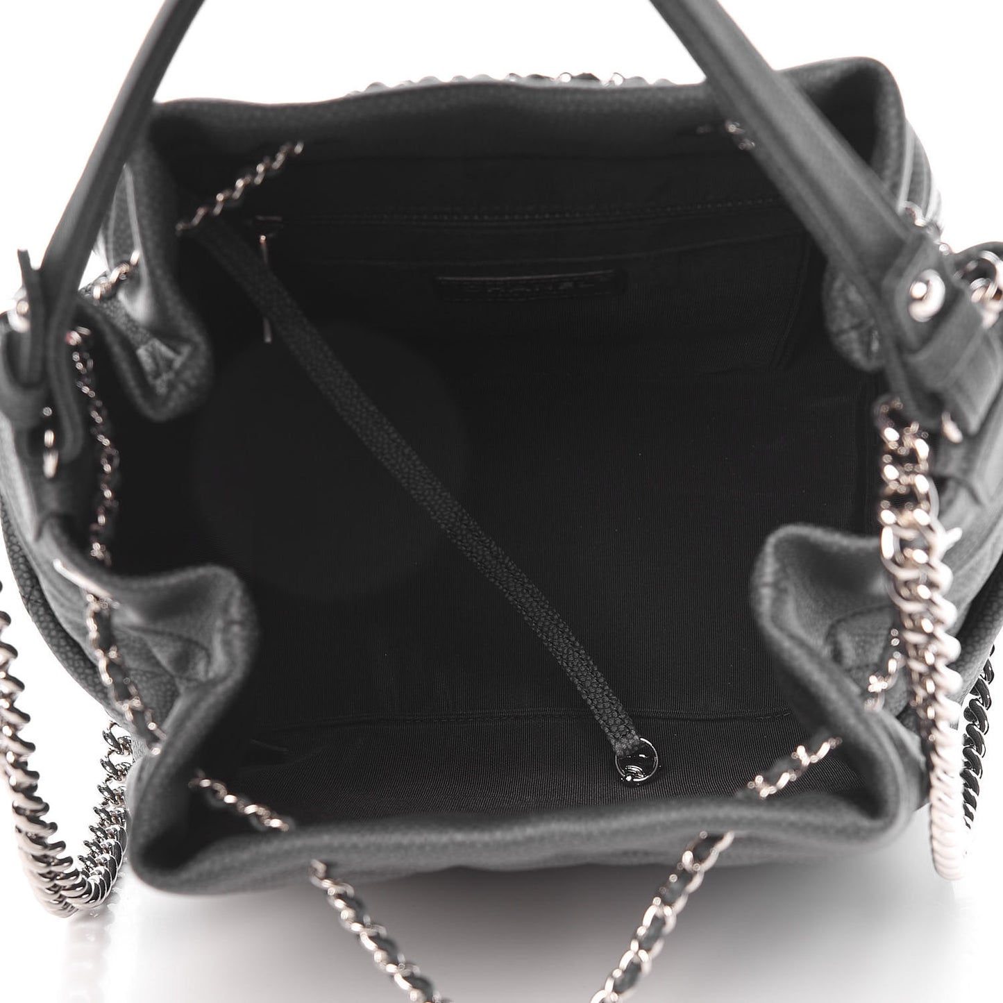 Grained Calfskin Quilted Medium CC Chain Bucket Drawstring Bag Grey