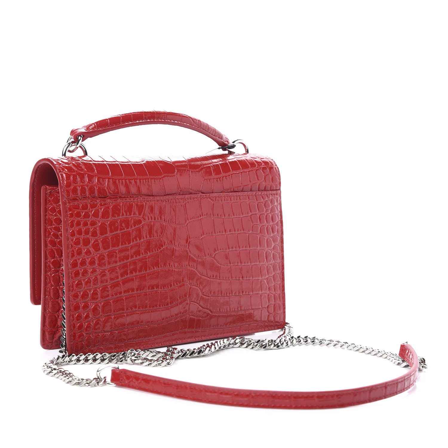 Saint Laurent Calfskin Crocodile Embossed Monogram Sunset Chain Wallet Rouge Eros 3 of 9