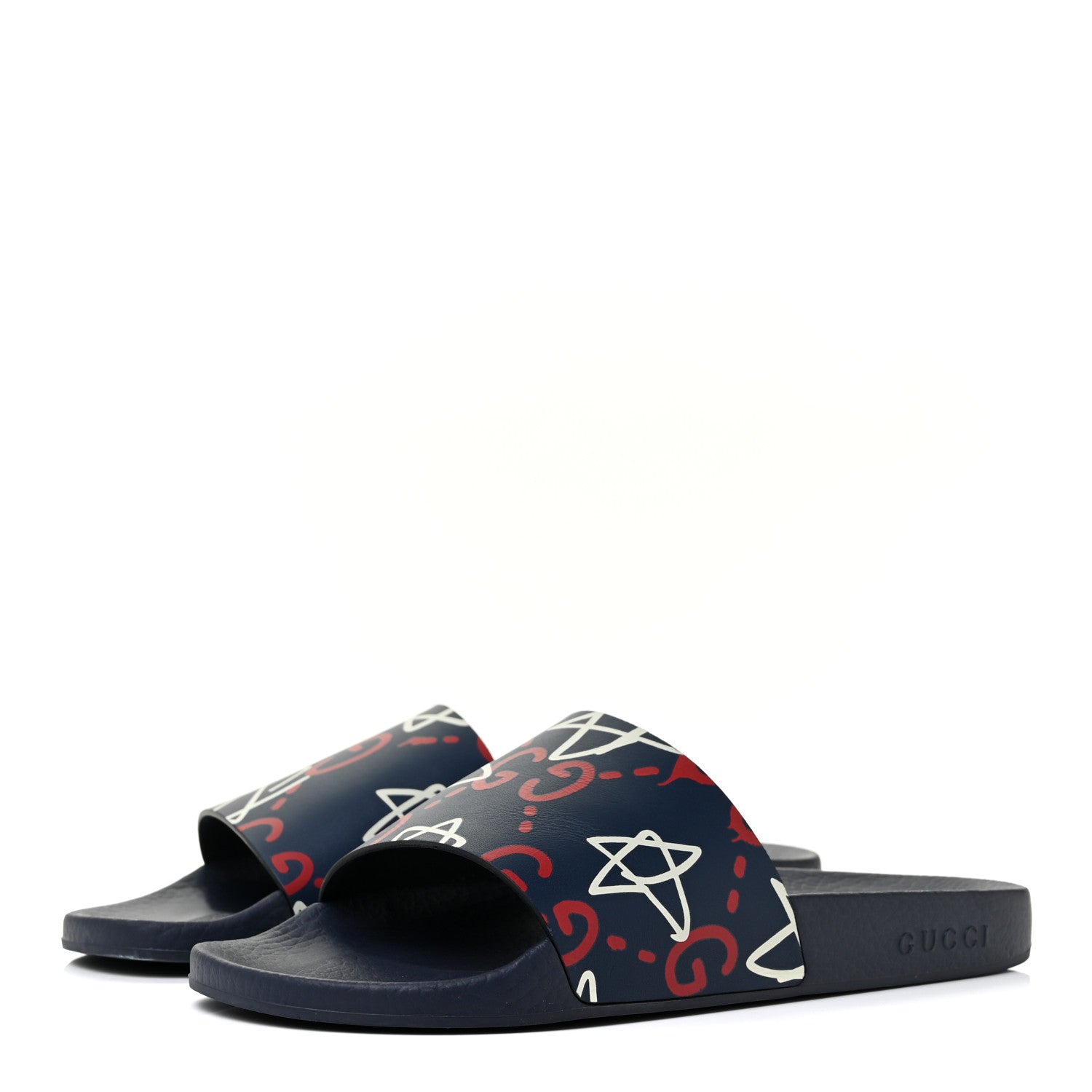 Gucci Calfskin GucciGhost Print Womens Slide Sandals 40 Blue Agata Hibiscus Red 3 of 9