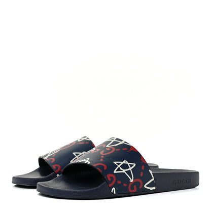 Gucci Calfskin GucciGhost Print Womens Slide Sandals 40 Blue Agata Hibiscus Red 3 of 9