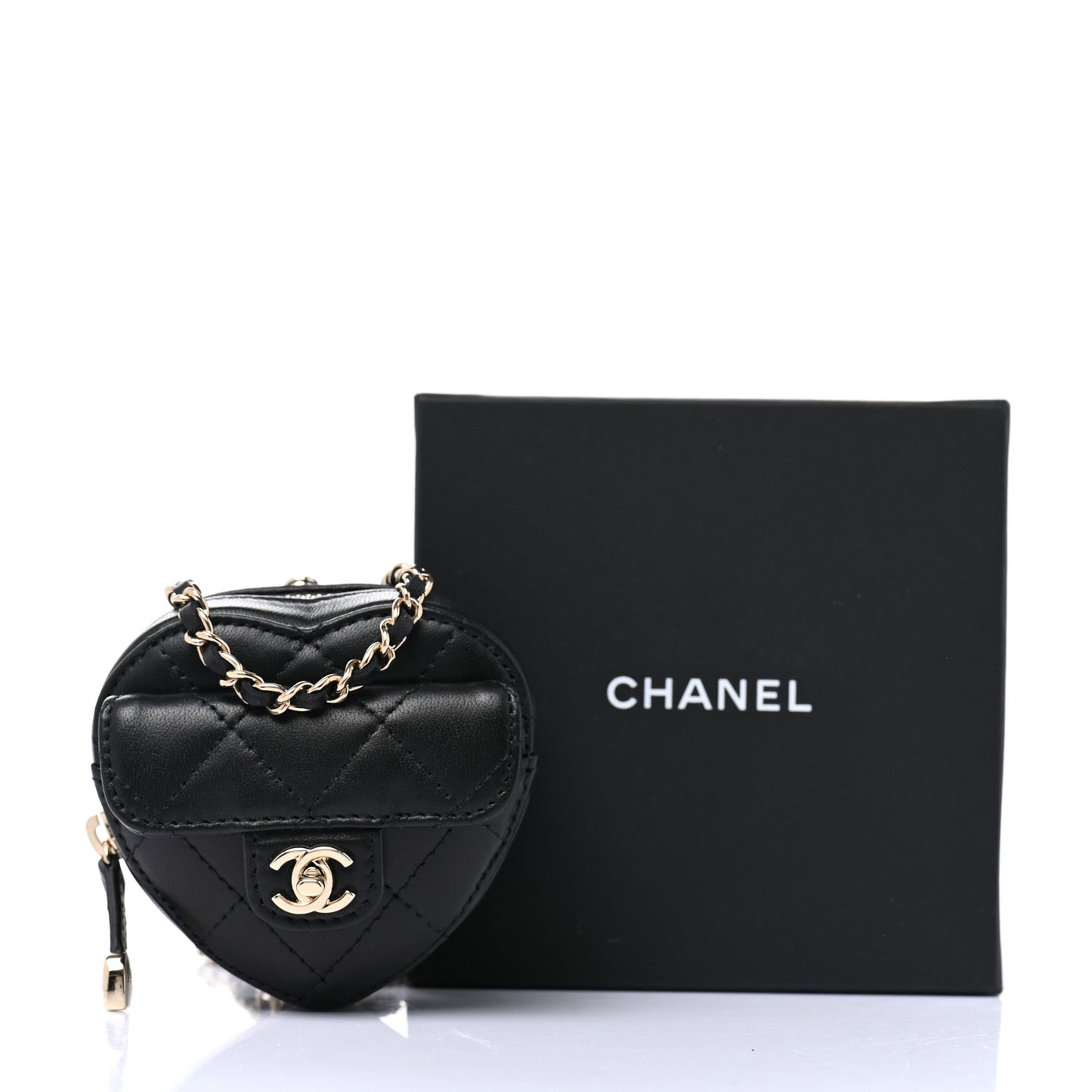 Lambskin Quilted CC In Love Heart Coin Purse With Chain Black