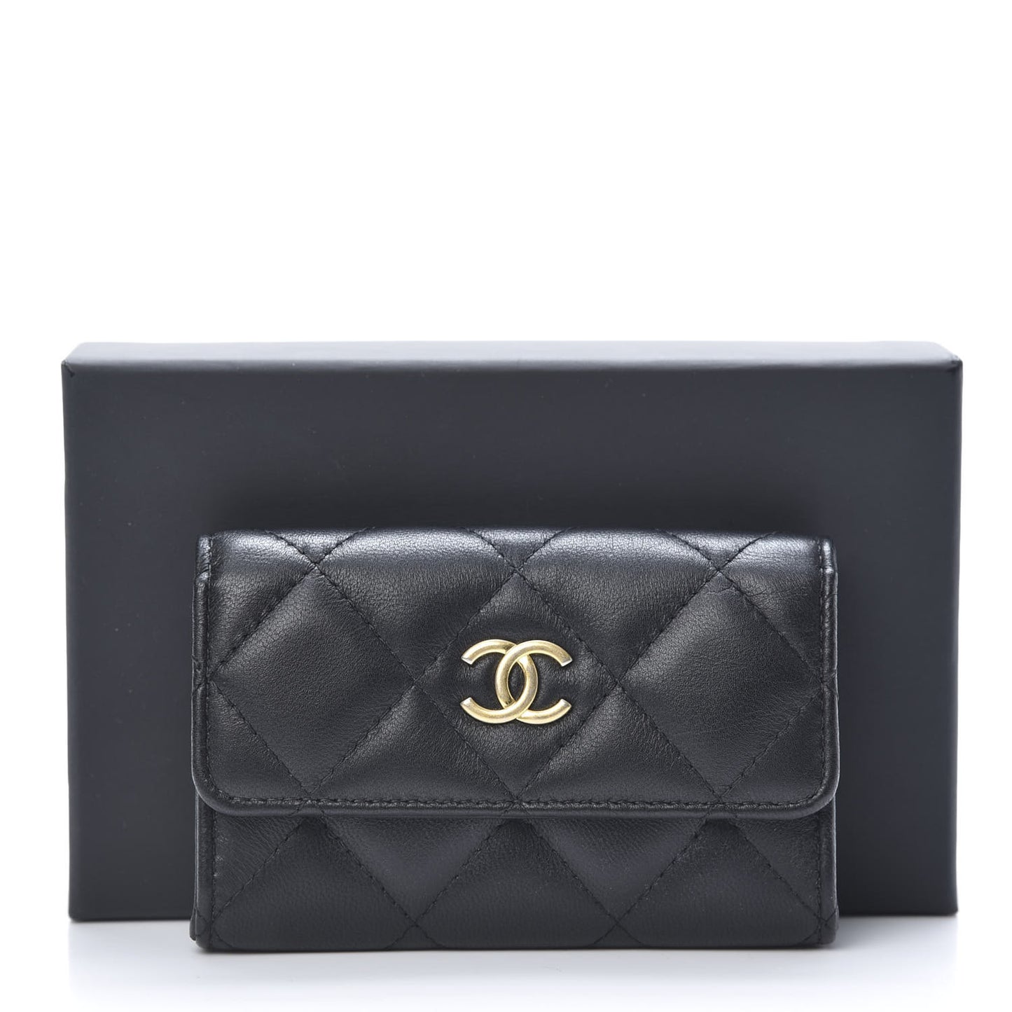 Lambskin Quilted Flap Card Holder Black