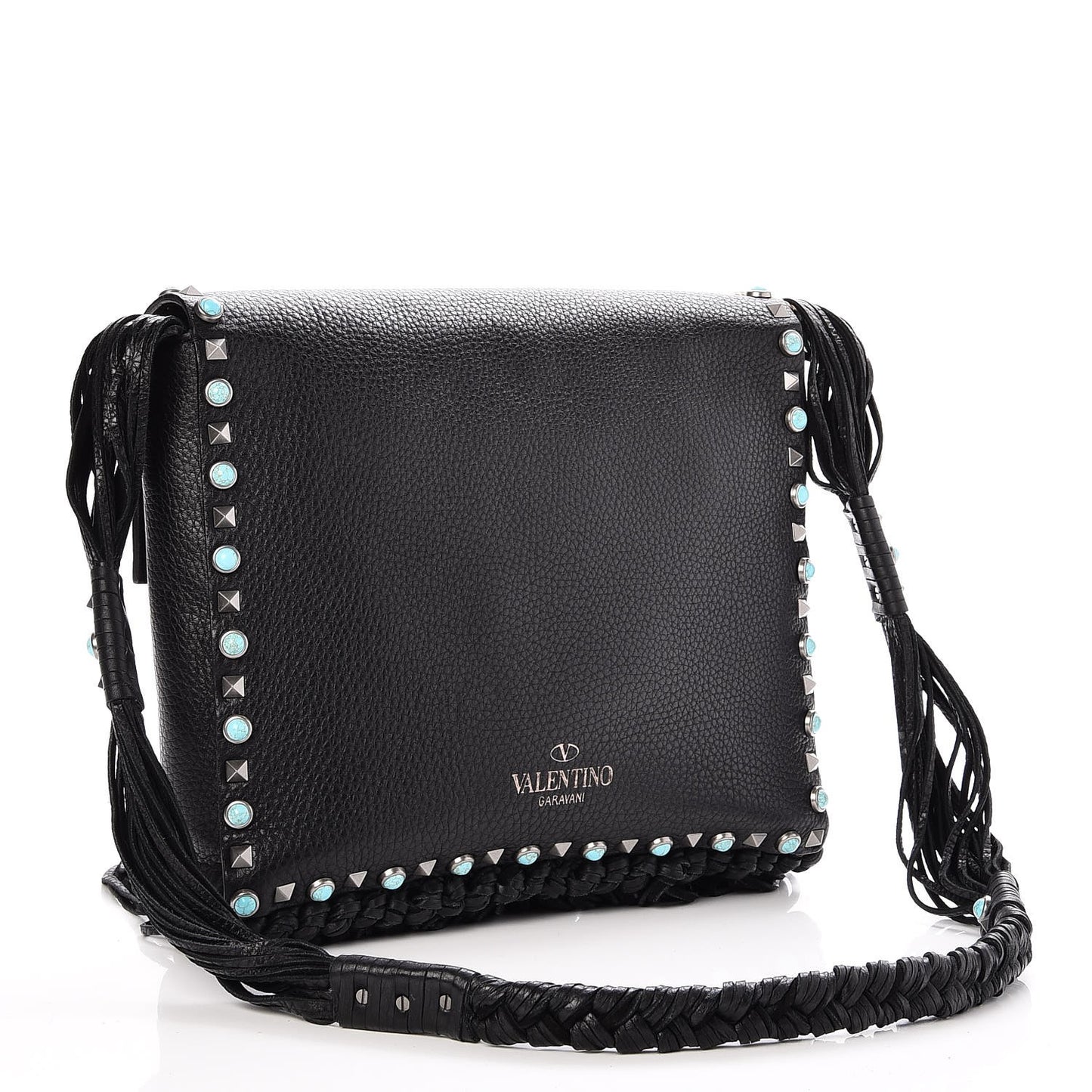 Pebbled Calfskin Rockstud Rolling Fringe Messenger Black