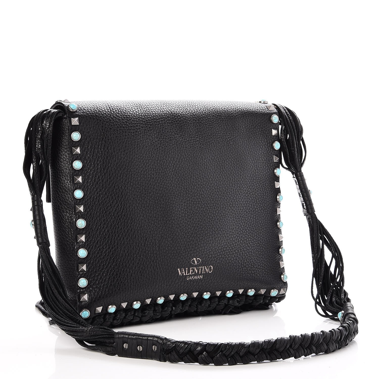 Valentino Garavani Pebbled Calfskin Rockstud Rolling Fringe Messenger Black 3 of 6