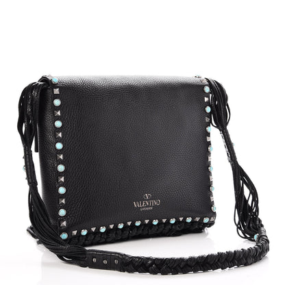 Valentino Garavani Pebbled Calfskin Rockstud Rolling Fringe Messenger Black 3 of 6