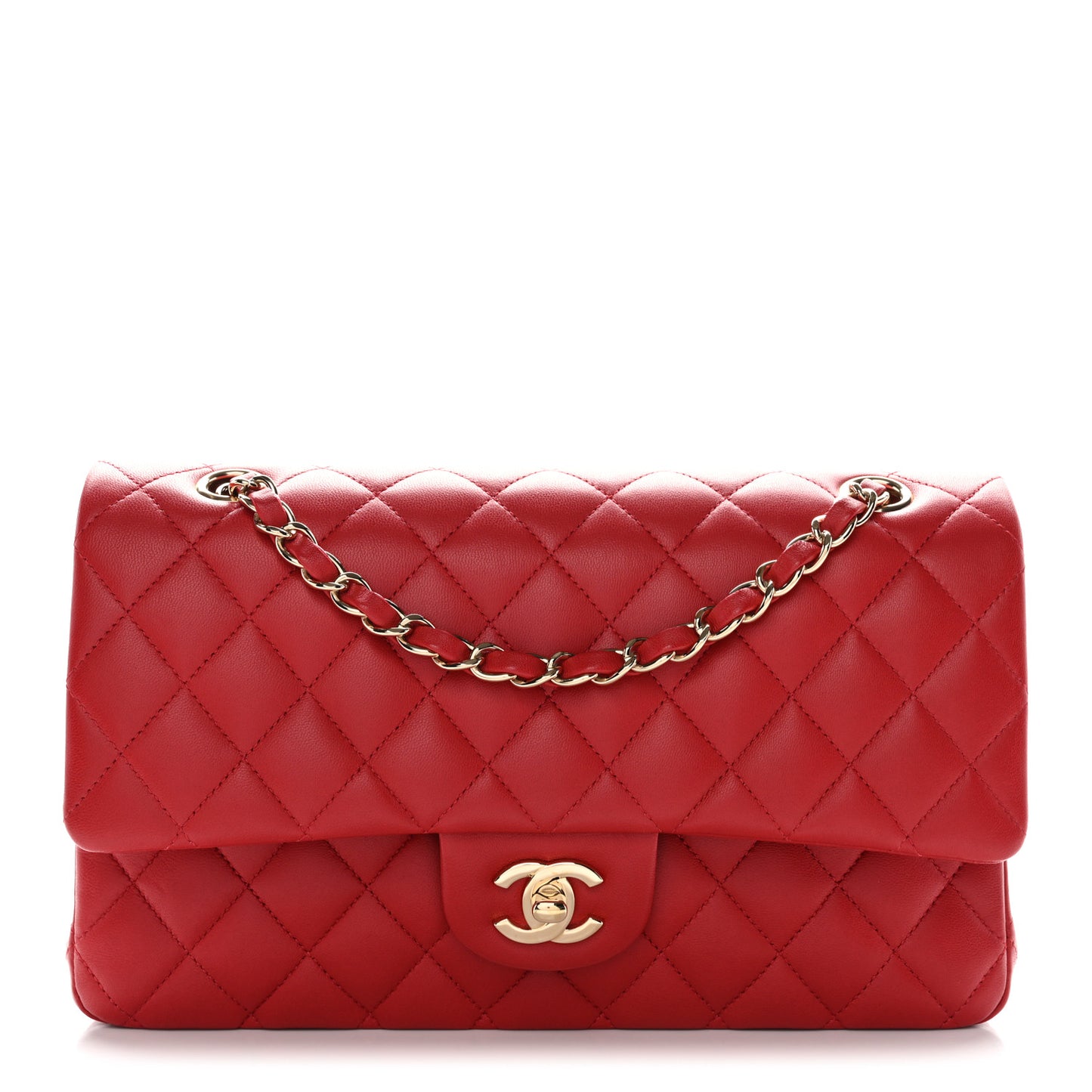 Lambskin Quilted Medium Double Flap Red