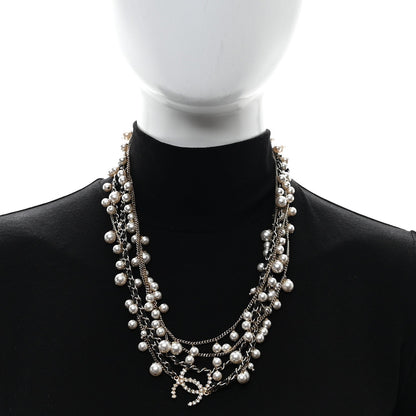 Chanel Lambskin Pearl Crystal CC Chain Multi Strand Necklace Black Gold Pearly White 2 of 4