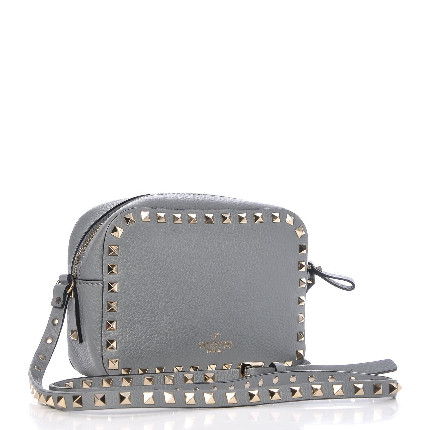 Pebbled Calfskin Rockstud Camera Crossbody Bag Light Stone