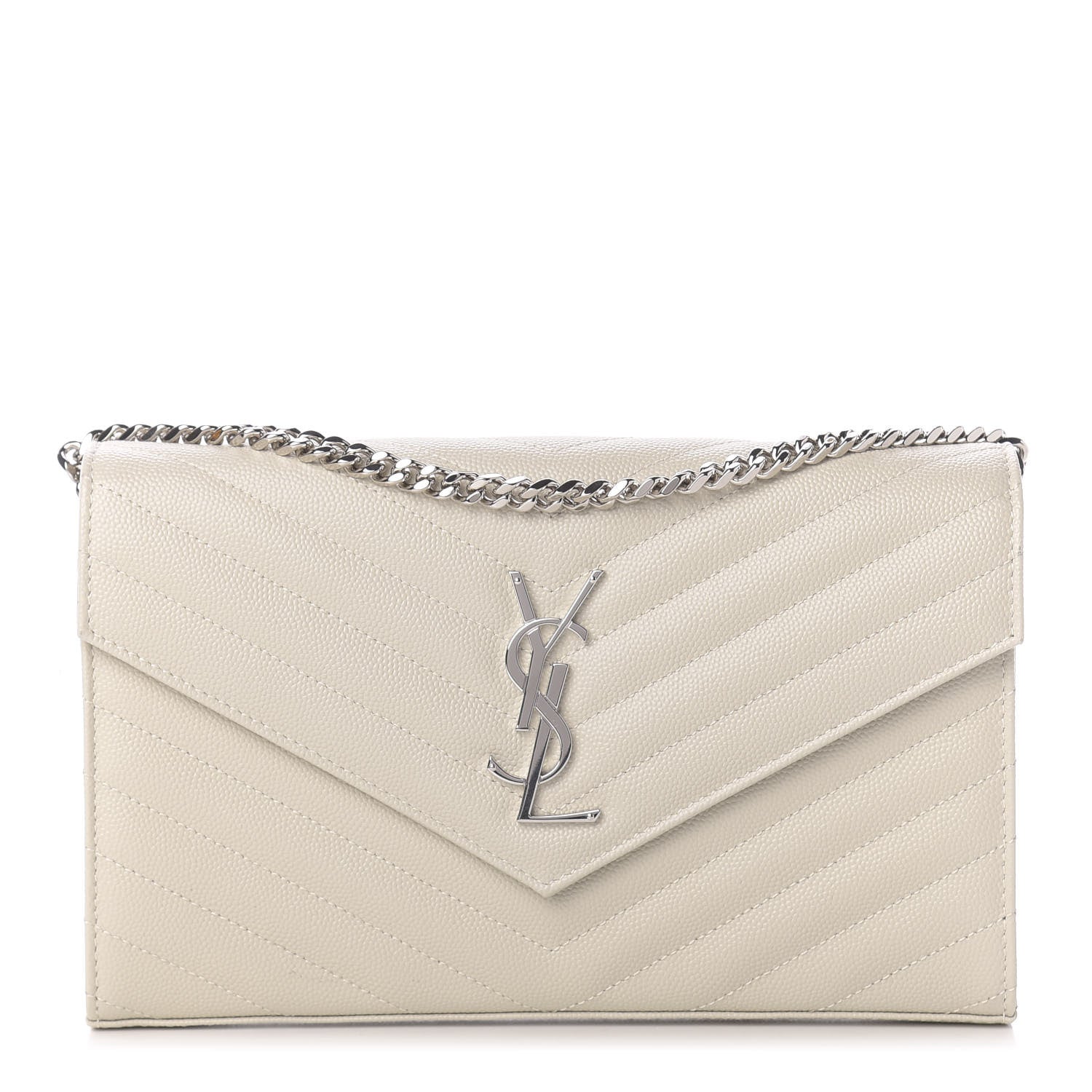 Saint Laurent Grain De Poudre Matelasse Chevron Monogram Chain Wallet Icy White 1 of 11