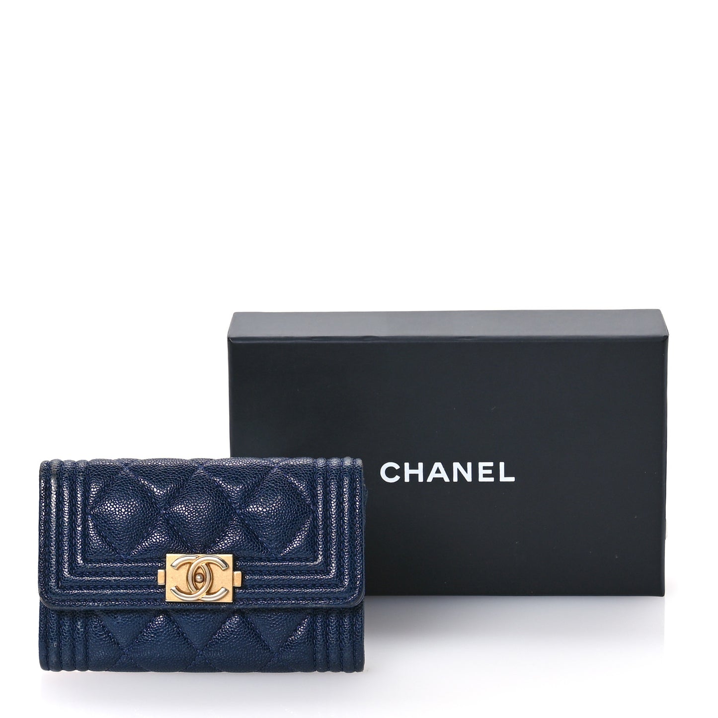 Caviar Quilted Boy Flap Card Holder Navy