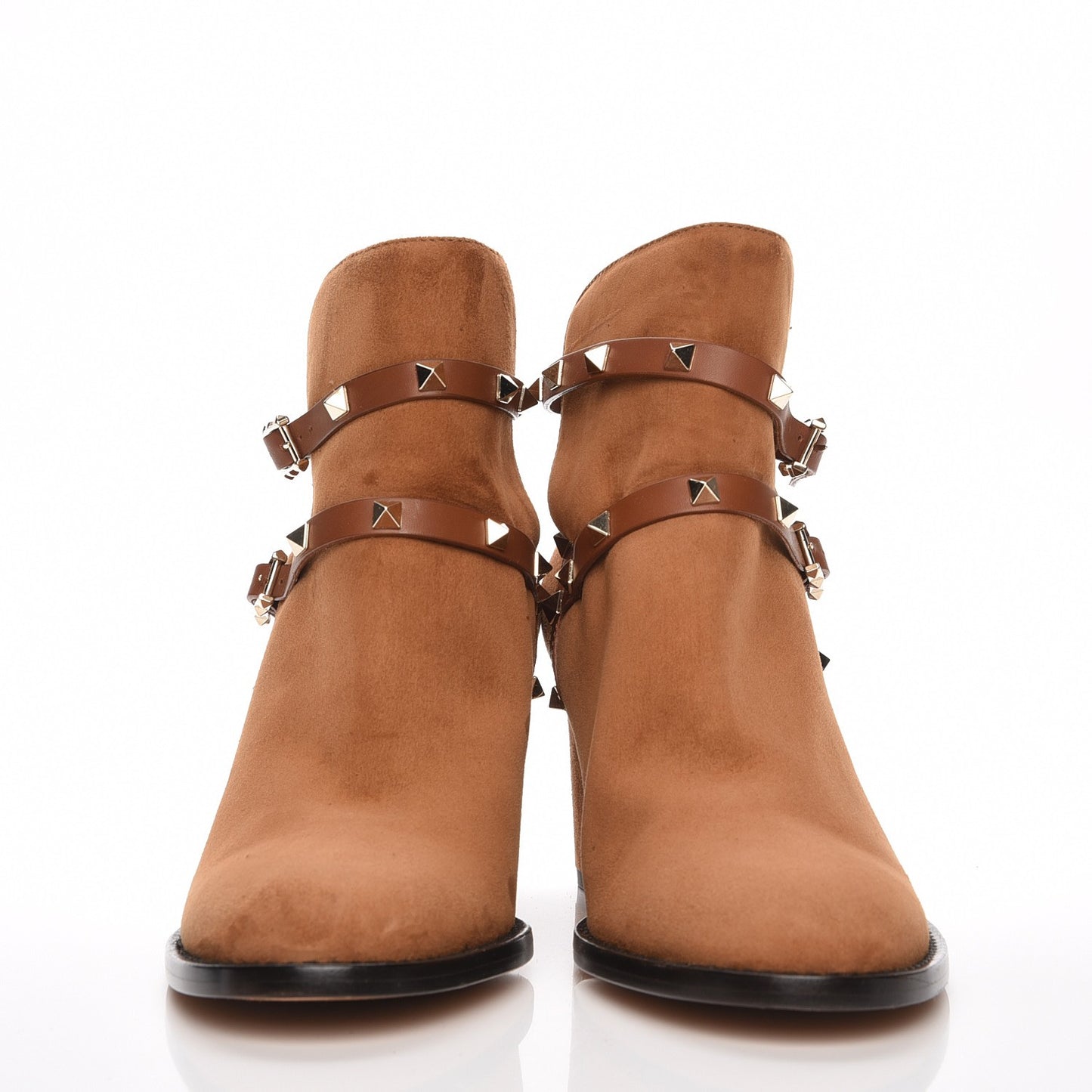 Suede Rockstud Double Buckle 70mm Block Heel Ankle Boots 41.5 Tobacco