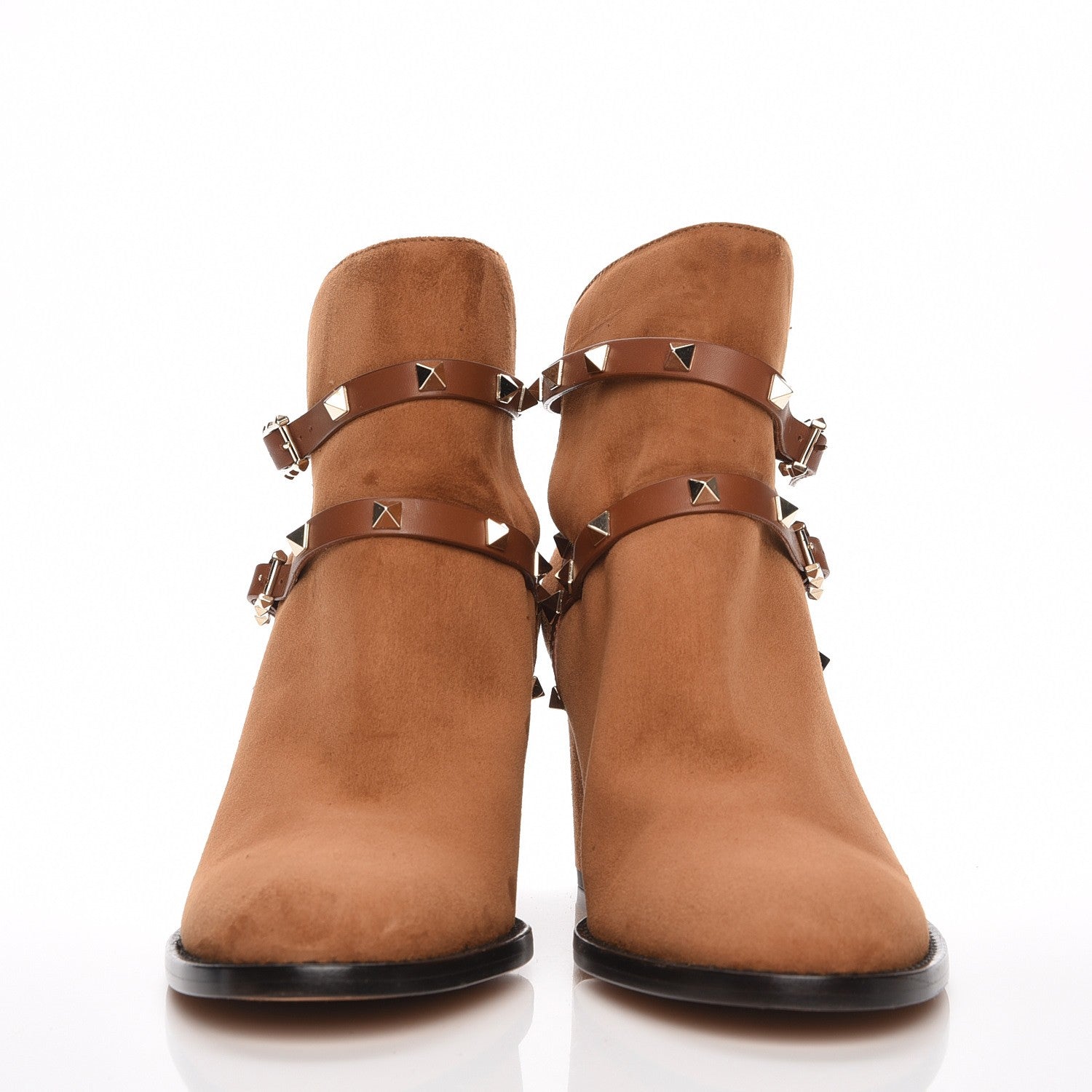 Valentino Garavani Suede Rockstud Double Buckle 70mm Block Heel Ankle Boots 41.5 Tobacco 2 of 8