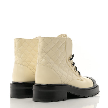Chanel Shiny Goatskin Calfskin Quilted Lace Up Combat Boots 36 Ivory Black 5 of 10