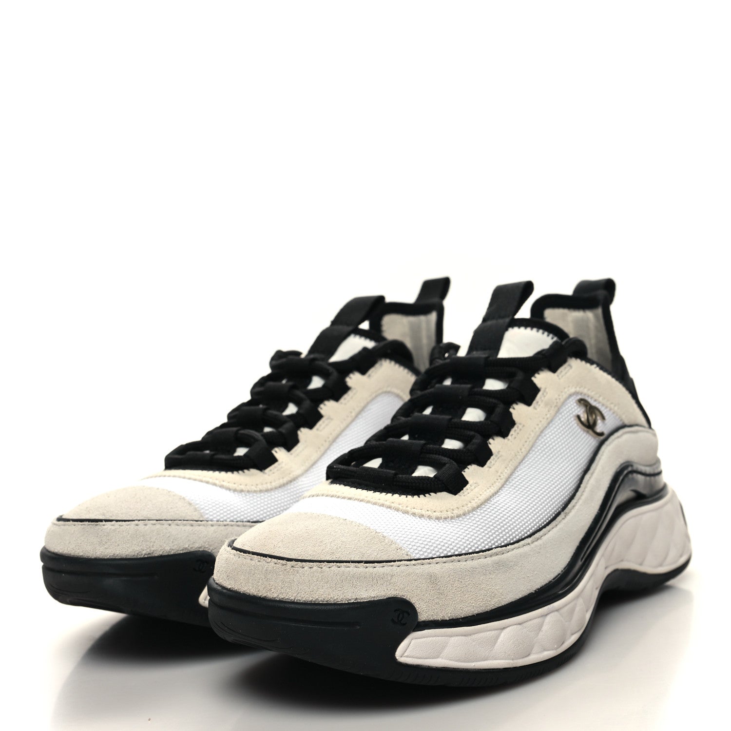 Chanel Velvet Calfskin Mixed Fibers CC Sneakers 37.5 Ivory Black 3 of 8