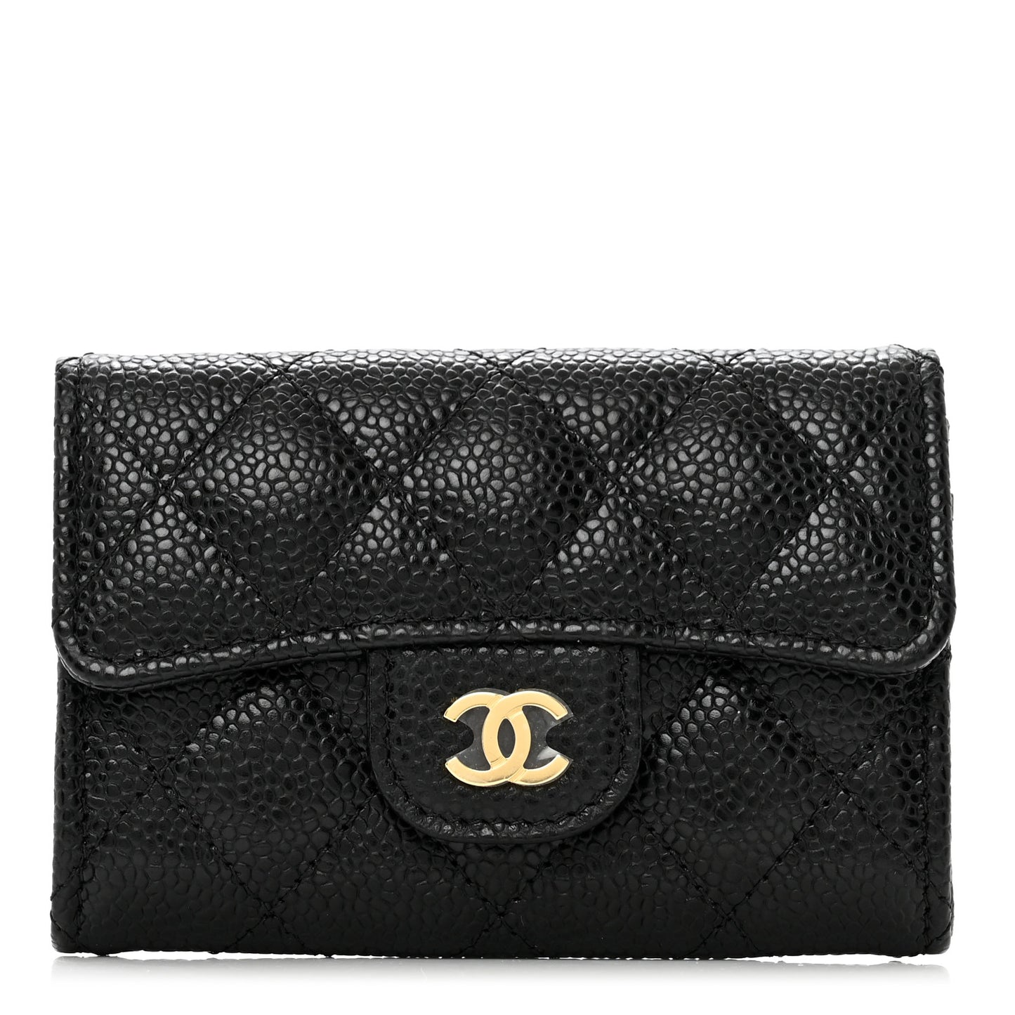 Caviar Quilted Flap Card Holder Wallet Black