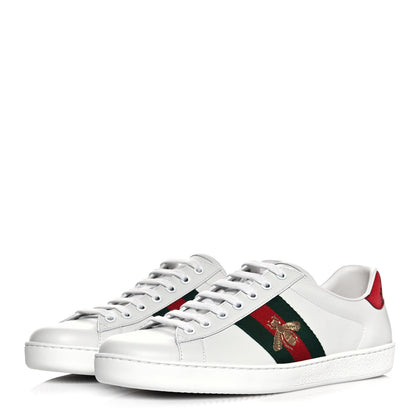 Gucci Miro Soft Calfskin Laminated Ayers Web Bee Embroidered Mens Ace Sneakers 8 White Red Flame Green 3 of 8
