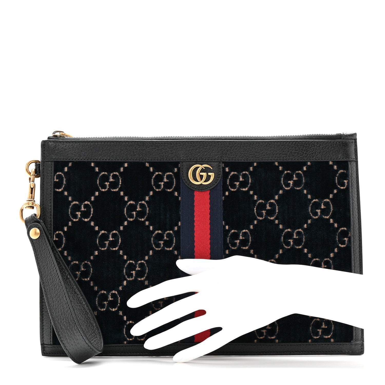 Gucci Velvet GG Monogram Textured Calfskin Web Ophidia Wristlet Blue Beige Black 2 of 10